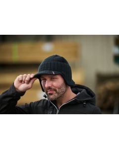 TUFFSTUFF 416 Peaked Beanie - Workwear Hat with Cuffed Brim and Structured Peak, Stretch Fit, Chunky Knit, Earflaps