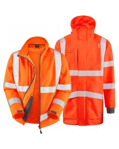 Leo Workwear Clovelly ISO 20471 Class 3 Breathable Executive 3-in-1 Anorak & Softshell Orange - Multiple Practical Pockets, High Contrast