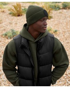 Beechfield Circular Fashion Patch Beanie - Recycled Yarn Knit Hat, Cotton Twill Circular Patch, Single Layer Knit, Cuffed Design