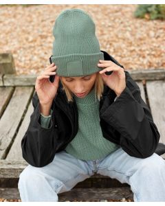 Beechfield Deep-Cuffed Tonal Patch Beanie - Knit Hat with Patch Detail, Double Layer Knit, Engineered Crown, Wide Cuffed Design