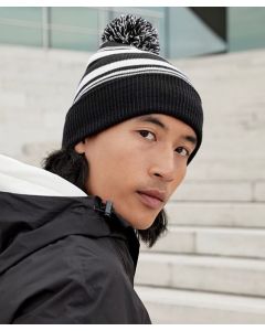 Beechfield Striped Fan Beanie – Classic Supporters Knit Hat, Classic Colour Combination, Double Layer Knit, Two Tone Pom Pom