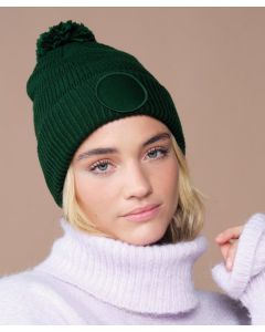 Beechfield Fan Patch Beanie – Heritage Inspired Knit Hat, Basket Weave Knit, Self Coloured Pom Pom, Microfleece Lining
