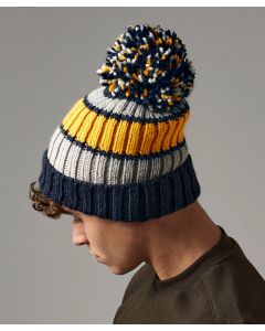 Beechfield Hygge Striped Beanie - Knitted Winter Hat, Bold Three Colour Stripe Design, Luxury Oversized Pom Pom