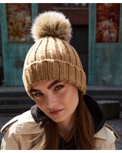 Beechfield Fur Pom Pom Chunky Beanie Cap – 100% Acrylic, Removable Faux Fur Pom