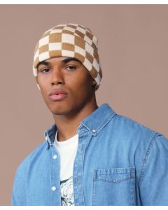 Beechfield Checkerboard Beanie – Knitted Cotton Rich Skull Cap, Fine Ribbed Knit, Wide Cuffed Design, Darted Crown