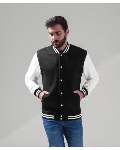 Build Your Brand Sweat College Jacket – Unisex, Brushed Fleece, Contrast Striped Rib Cuffs, Metal Press-Buttons, Front Pockets