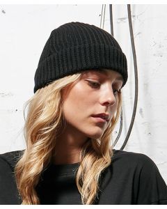 Build Your Brand Recycled Yarn Fisherman Beanie –Longitudinal Rib Knit, Extra Wide Cuff, Lightweight, One Size, Eco-Friendly