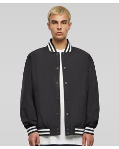 Build Your Brand Light College Jacket – Classic Varsity Look, Men’s, Lightweight Dropped Shoulders, Striped Stand-Up Collar, Elastic Cuffs & Hem, Snap Button Placket