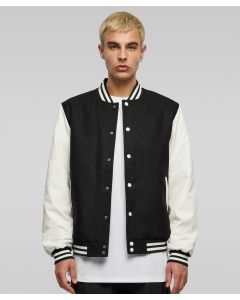 Build Your Brand Old School College Jacket for Men – Striped at Hem, Cuff & Neck, Snap-Button Placket, Side Pockets