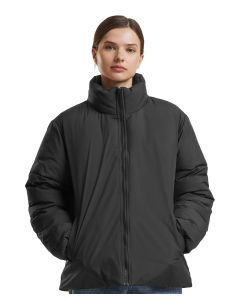 Build Your Brand Women’s Loose Puffer Jacket – Pockets, Zip Front, Long Sleeves