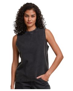 Build Your Brand Women’s Vintage Washed Sleeveless Tee - Soft Cotton Finish, Loose Fit, High Crew Neck, Ribbed Neckline