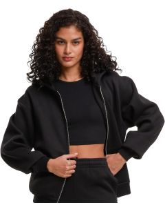 Build Your Brand Women’s Loose-Fit Zip Hoodie - Cotton Blend Relaxed Zip Jacket, Full Metal Zip, Hood, Kangaroo Pocket, Ribbed Cuffs and Hem