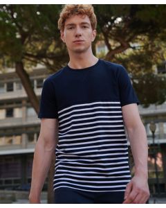 Front Row Short-Sleeved Breton T - Classic Striped Cotton Crew Neck Tee, Flatlock Stitching, High Chest Seam, Striped Lower Body
