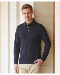 Henbury Long Sleeve Cotton Polo Shirt – 3 Button Placket, Plain Horn Buttons, Locker Patch, 1x1 Rib Cuffs