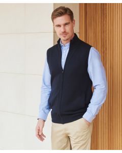 Henbury Sleeveless Men’s Jumper – Zip-Through, Ribbed Armhole, Hem & Collar, Two Side Welt Pockets