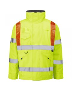 Leo Workwear PORTMORE Baffle Lined Bomber Jacket with Red Braces – Yellow, Long Sleeves, Hooded, Zip Front w/ Storm Flap, Pockets