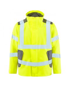 Leo Workwear EXMOOR EcoViz 15K Performance+ Breathable Jacket – Yellow, Long Sleeves, Hooded, Zip Front w/ Storm Flap, Multi-Pocket