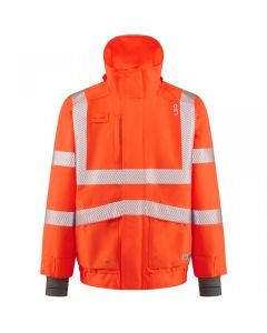 Leo Workwear DARTMOOR EcoViz 15K Performance+ Breathable Bomber Jacket – Orange, Long Sleeves, Detachable Hood, Multi-Pocket