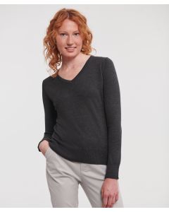 Russell Collection Women's V-Neck Knitted Sweater – Easy-Care Layering, Cotton-Blend, Elastane on Cuffs and Waistband
