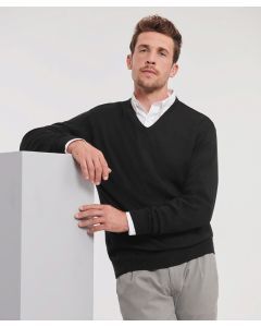 Russell Collection V-Neck Knitted Sweater – Easy-Care Cotton Blend, Quick-Dry, Wide Sizes, Elastane on Cuffs and Waistband Trim