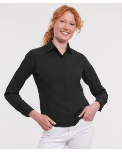 Russell Collection Women’s Long Sleeve Polycotton Easycare Fitted Poplin Shirt – Decorative Top Stitch on Darts, Modern Rounded 2 Button Cuffs