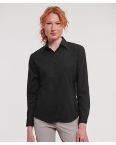 Russell Collection Women’s Long Sleeve Polycotton Easycare Poplin Shirt – V Shaped Pocket Over Left Chest, Single Button Collar