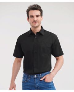 Russell Collection Short Sleeve Polycotton Easy Care Poplin Shirt – Classic Style Boned Collar, Pocket Over Left Chest Mitred Edge