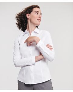 Russell Collection Women’s Long-Sleeve Herringbone Shirt – Easy-Care Mini Herringbone, Classic Retail Fabric, No Show Through