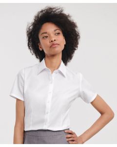 Russell Collection Women’s Short Sleeve Herringbone Shirt – Fitted Fit, Neat, Narrow Width Placket, Darts at Chest