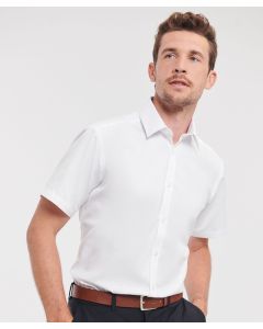 Russell Collection Short-Sleeve Herringbone Shirt – 84% Cotton, Easy-Care Mini Pattern, Classic Retail Fabric, No Show Through