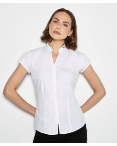 Kustom Kit Women's Continental Blouse – Tailored Fit, V-Neck & Mandarin Collar, Cap Sleeved, Shirttail Hem