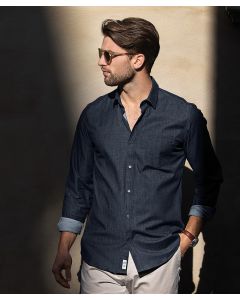  Nimbus Torrance Modern Fit Raw Denim Shirt – Deep Indigo with Stretch & Tailored Collar, Chest Pocket, Stretch Material