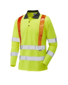 Leo Workwear BICKLETON EcoViz Performance Sleeved Polo Shirt with Red Braces – Hi-Vis Yellow, Contrast Collar, Split Hem, 3-Button