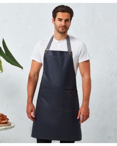 Premier District Waxed Look Denim Bib Apron – Urban Utility Style, Acrylic Coating, Brace Style Buckle, Patch Pocket