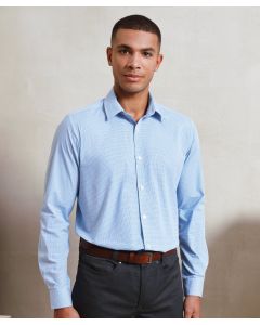 Premier Gingham Long Sleeve Cotton Shirt – Microcheck, Double Buttoned Cuffs, Soft Collar Styling, Back Yoke