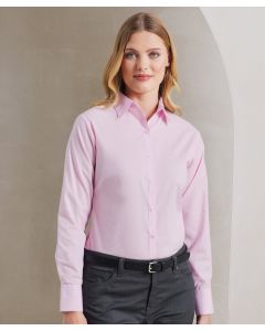 Premier Women’s Poplin Long Sleeve Blouse – Soft Collar Styling, Rounded Bottom Hem, Double Buttons On Cuff