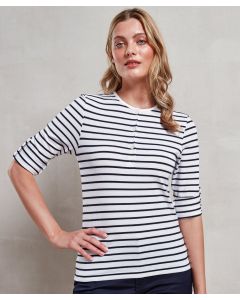Premier Long John Women's Roll-Sleeve Tee – 3-Button Placket, Crew Neck, Striped, Slim Fit, Stitched Hem & Cuffs