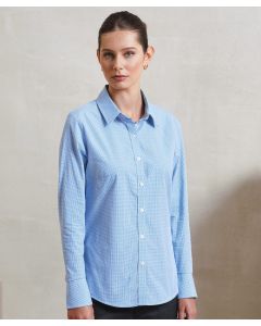 Premier Women’s Gingham Long Sleeve Cotton Shirt – Microcheck, Fitted, Soft Collar, Double Buttoned Cuffs