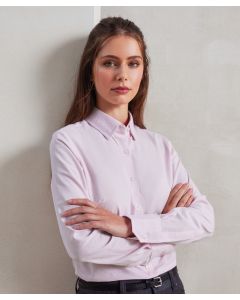 Premier Women’s Cotton Rich Oxford Striped Blouse – Lightweight, Semi-Fitted with Bust, Back Darts, Button-Down Collar, Contrast Inner Neckband & Cuff