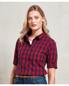 Premier Women’s Mulligan Long Sleeve Shirt – Semi Fitted Shirt, Contrast Check Pattern, Single Button Cuff, Soft Collar Styling