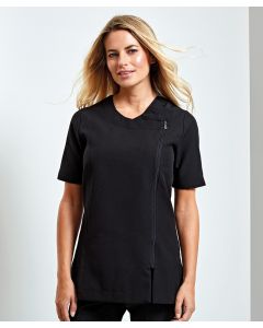 Premier Camellia Beauty & Spa Tunic – Asymmetric Zip Front, Contrast Neckline, Side Vents