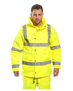 Portwest Hi-Vis Traffic Jacket - Waterproof Safety Workwear Jacket, Two Hip Pocket with Hook and Loop, Drawstring Hood