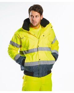 Portwest Hi-Vis Contrast Bomber Jacket - 3-in-1 Workwear Protection, Detachable Fur Lining and Collar
