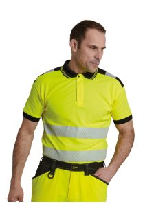 Portwest Hi-Vis Polo Shirt - Short Sleeve Safety Top, Chest Pocket, Side Vents, Contrast Collar with Fluorescent Stripe