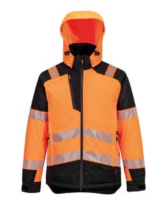 Portwest PW3 Hi-Vis Winter Jacket – Heavy-Duty Insulated Jacket for Cold Weather, Two-Way Zip, Detachable Hood