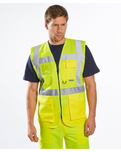 Portwest Hi-Vis Executive Vest S476 - Multi Pocket Safety Waistcoat, Reflective Tape, Radio Loop for Easy Clipping of Radio