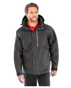 Result Denim-Textured Rugged Jacket – Fashion Shaped Longer Back Panel, Quilted Par-Fleece Lined, Stud Closing Storm Flap