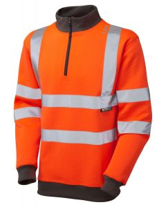 Leo Workwear BRYNSWORTHY EcoViz Quarter Zip Sweatshirt, Long Sleeves, Ribbed Cuffs & Hem, High Zip Neck, Reflective Tape
