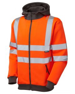 Leo Workwear SAUNTON EcoViz Hooded Sweatshirt, Long Sleeves, Ribbed Cuffs & Hem, Zip Front & Pockets, Reflective Tape
