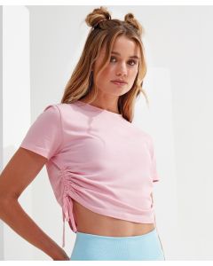 Womens Tridri Ruched Crop Top – Stylish Short Sleeve Gathered Front Summer Blouse, Tie Fastening, Crew Neck